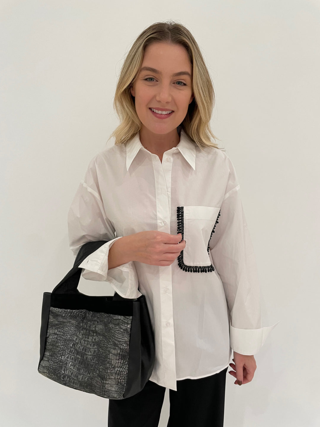 Essentiel Antwerp Get Embellished Shirt in White with Daniella Lehavi Aspen Shopper's Bag in Pewter Croco available at Barbara Katz