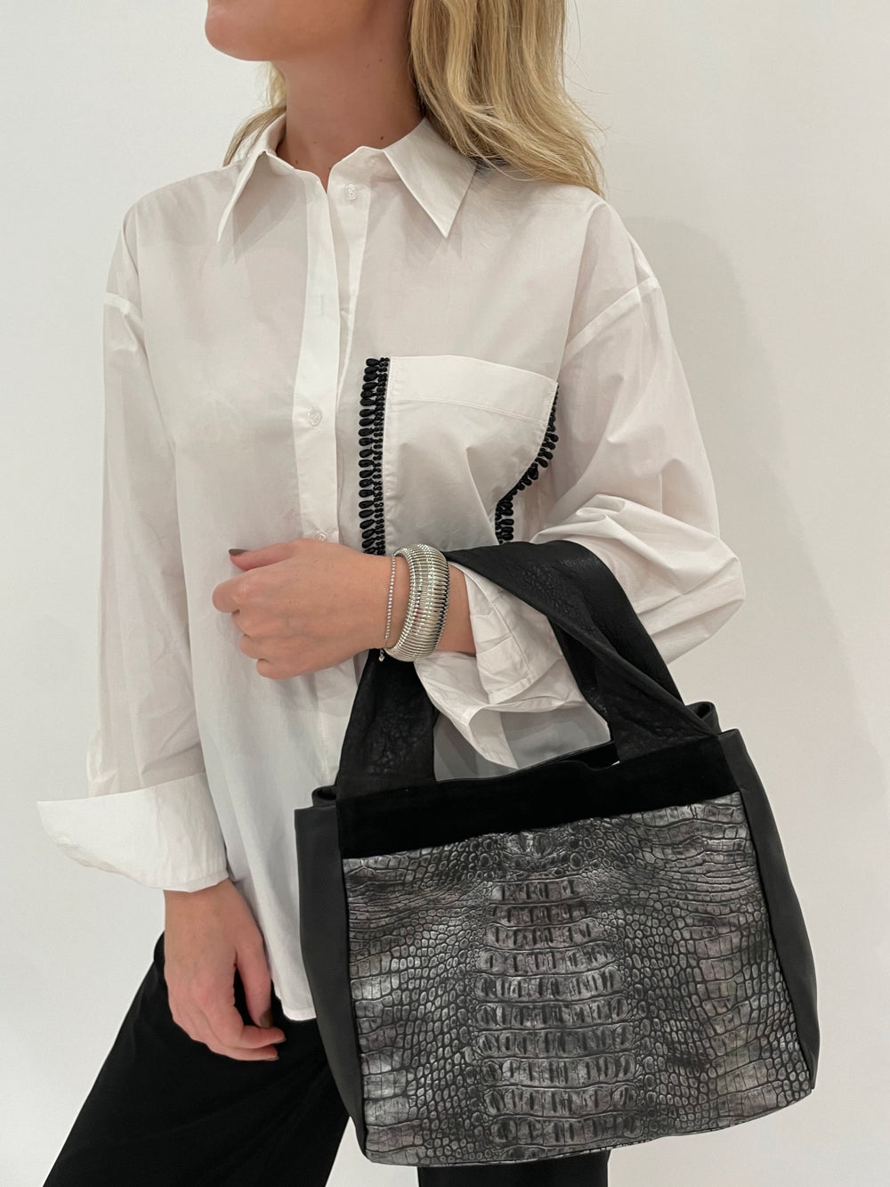 Essentiel Antwerp Get Embellished Shirt in White with Daniella Lehavi Aspen Shopper's Bag in Pewter Croco, BK Silver Thick Cobra Cuff - all available at Barbara Katz