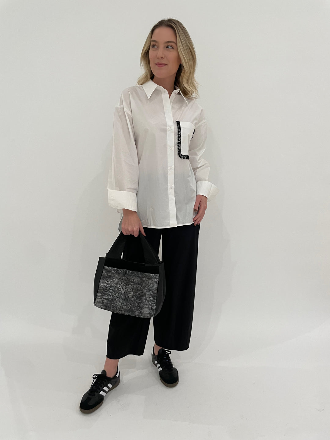 Essentiel Antwerp Get Embellished Shirt in White paired with Raffaello Rossi Sally 7/8 Pants in Black, Daniella Lehavi Aspen Shopper's Bag in Pewter Croco available at Barbara Katz