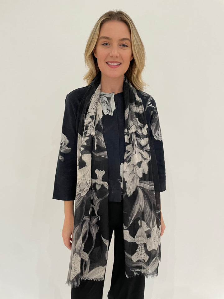 Pashma Floral Contrast Jacket in Beige/Black paired with Raffaello Rossi 7/8 Sally Pants in Black, Pashma Orchid Scarf available at Barbara Katz