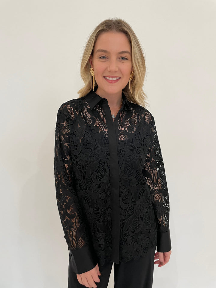 Hinson Wu Margot Long Sleeve Lace Shirt Jacket in Black paired with Raffaello Rossi 7/8 Pants in Black, BK Melanie Gold Hammered Organic & Fringe Earrings - all available at Barbara Katz