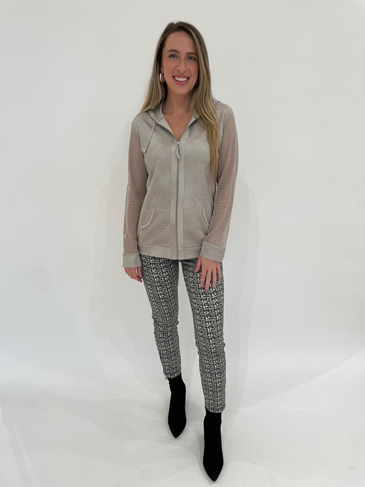 BK Zizi Microfiber Netted Hoodie Jacket in Grey paired with MAC Dream Chic Crop Jeans 082G Print, Bianca Puffy Triangle Open Hoop Earrings in Silver available at Barbara Katz