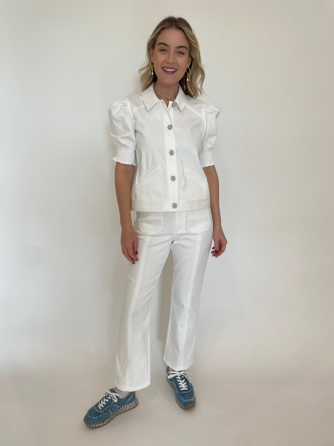 Cinq a Sept Roselyn Denim Jacket in White paired with matching Dorothea Denim Pants in White, Lizzie Fortunato Etienne Earrings in Gold available at Barbara Katz