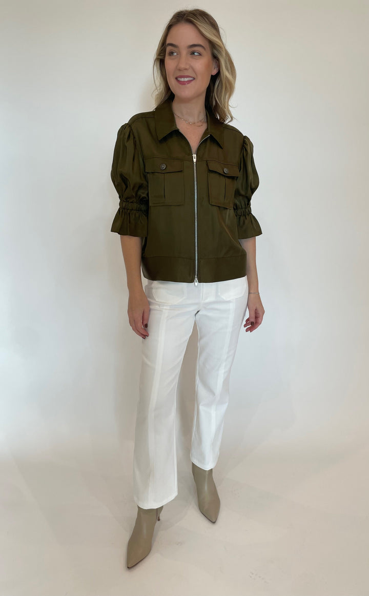 Cinq a Sept Holly Jacket in Dark Olive paired with Dorothea Denim Pants in White available at Barbara Katz