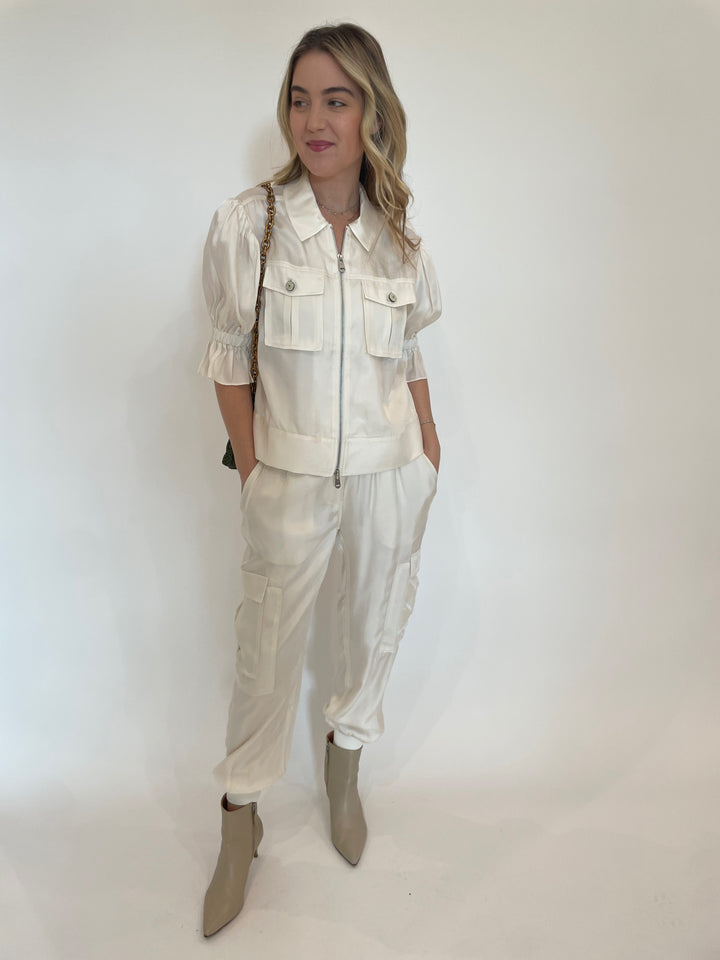 Cinq a Sept Holly Jacket in Ivory paired with matching Giles Pants in Ivory available at Barbara Katz