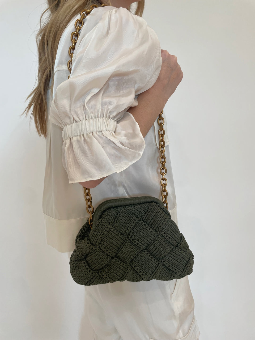 Cinq a Sept Holly Jacket in Ivory with Noam Hazan Jade Bag in Dark Olive available at Barbara Katz