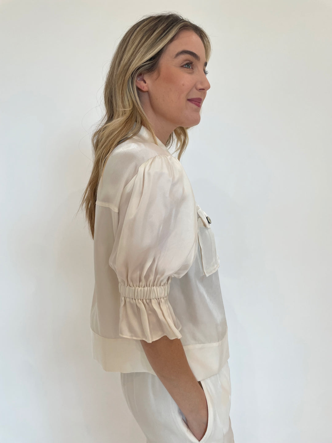 Cinq a Sept Holly Short Sleeve Jacket in Ivory available at Barbara Katz