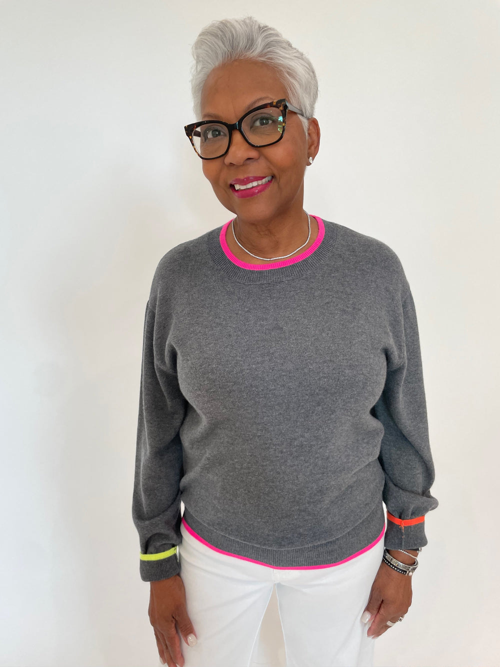 Whisper by Brodie Valentina Heart Crew Sweater in City Grey available at Barbara Katz