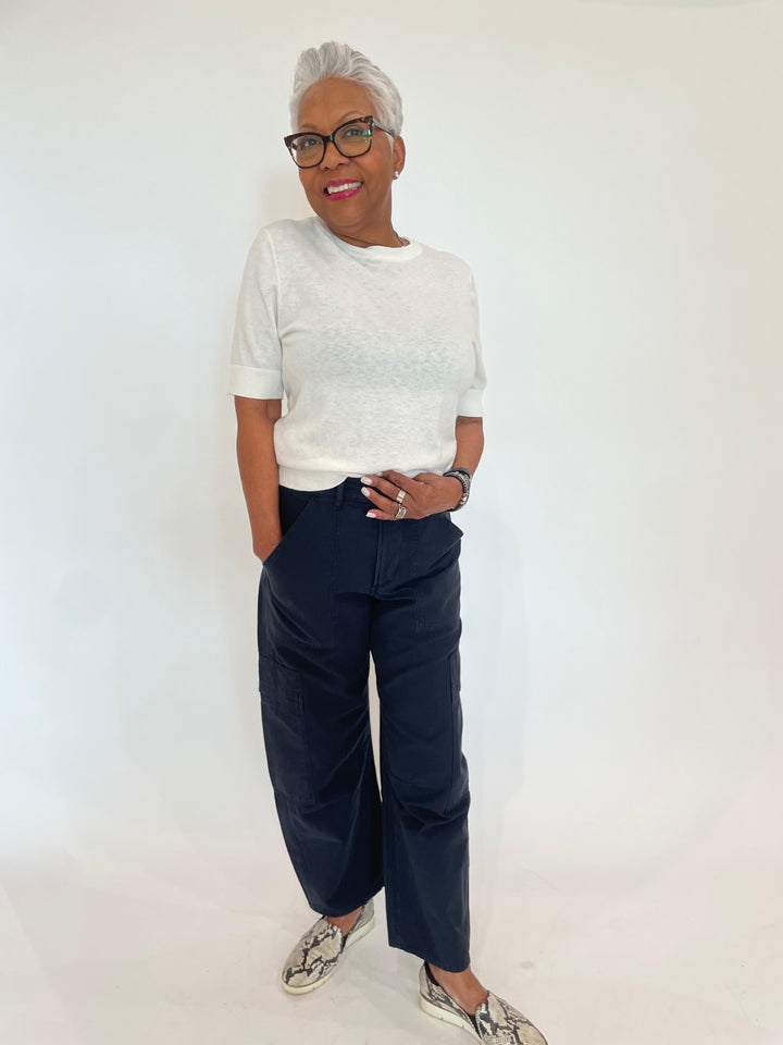 Whisper by Brodie Lucy Crew Neck Tee in Ice Water paired with Citizens of Humanity Marcelle Low Slung Easy Cargo Pants in True Navy available at Barbara Katz