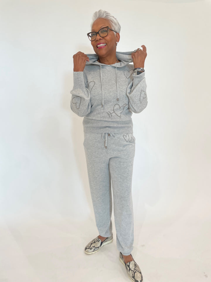 Whisper by Brodie Heart Hot Fix Joggers in Chromium paired with matching Heart Hot Fix Hoodie available at Barbara Katz