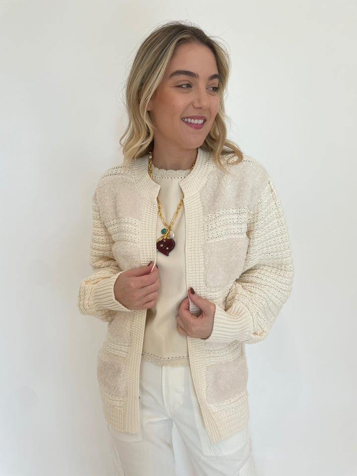 Melissa Nepton Romeo Fuzzy Crochet Cardigan in Cream with Cece Vegan Leather Sleeveless Top underneath, Lizzie Fortunato Murano Heart Necklace available at Barbara Katz