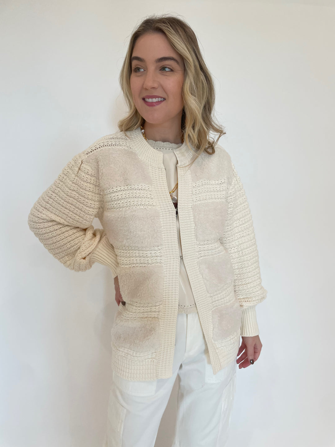 Melissa Nepton Romeo Fuzzy Crochet Cardigan in Cream available at Barbara Katz