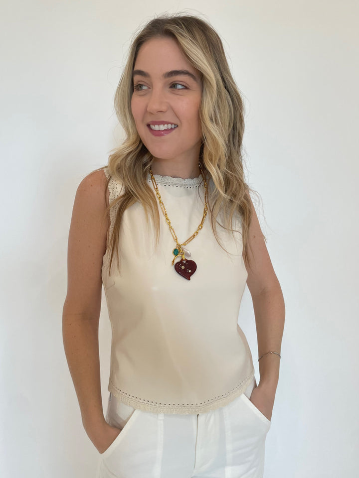 Melissa Nepton Cece Vegan Leather Sleeveless Top in Cream, Lizzie Fortunato Murano Heart Necklace available at Barbara Katz