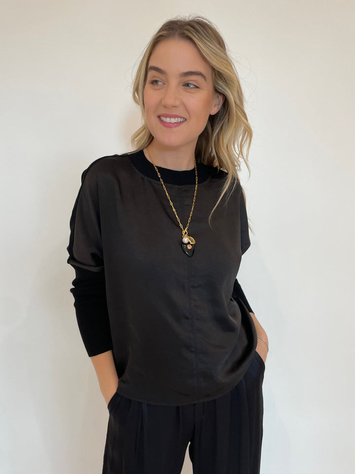 Melissa Nepton Noa Satin Combo Top in Black with Lizzie Fortunato Eugenia Heart Lariat Necklace available at Barbara Katz