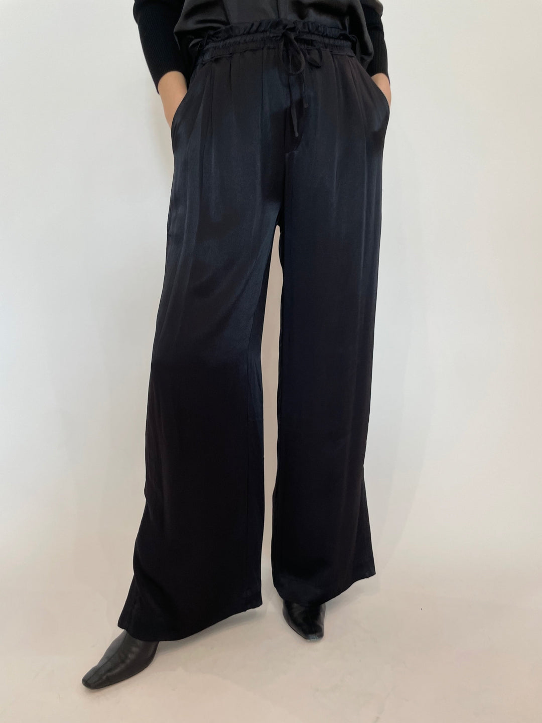 Melissa Nepton Lorene Satin Wide Leg Pants in Black available at Barbara Katz