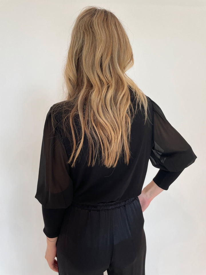 Melissa Nepton Melody Sheer Sleeve Top in Black with Lizzie Fortunato Eugenia Heart Lariat Necklace available at Barbara Katz