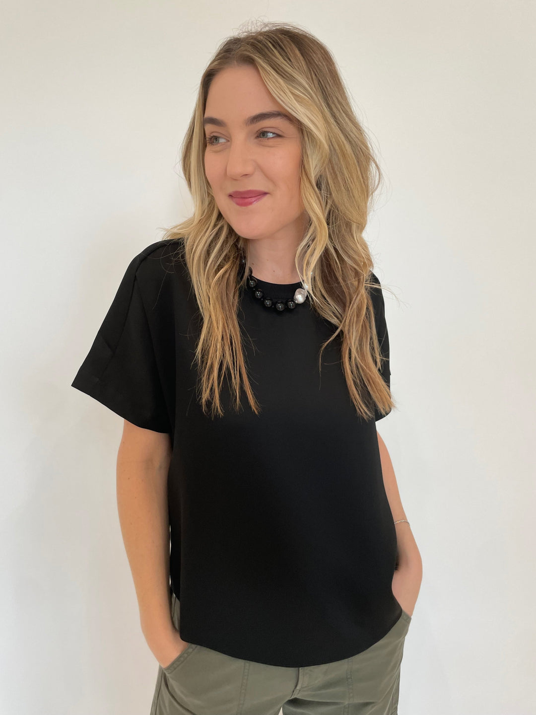 Simkhai Addy Short Sleeve Knit Back T- Shirt in Black with Lizzie Fortunato Midnight Sky Collar Necklace available at Barbara Katz