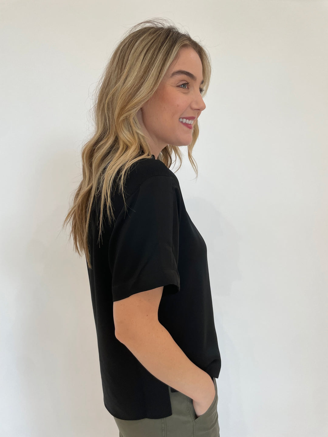 Simkhai Addy Short Sleeve Knit Back T- Shirt in Black available at Barbara Katz