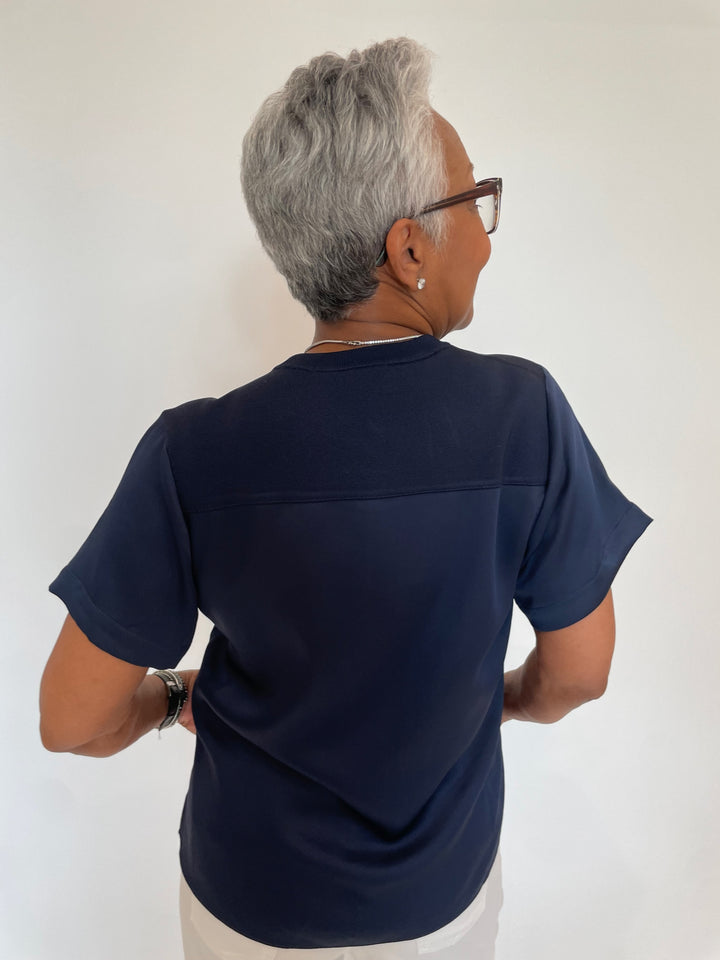 Simkhai Addy Short Sleeve Knit Back T- Shirt in Midnight Blue available at Barbara Katz