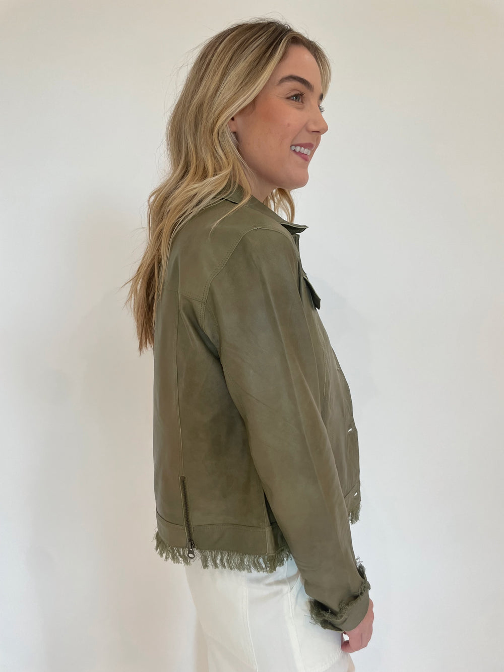 Jakett Alexa Patina Leather Jacket in Army available at Barbara Katz