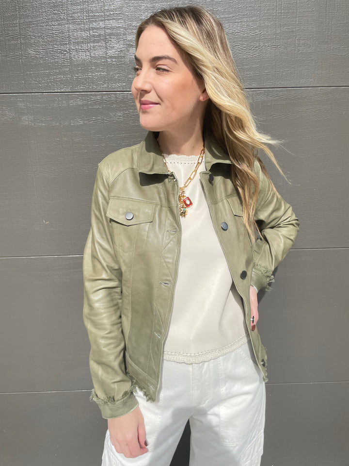 Jakett Alexa Patina Leather Jacket in Army with Melissa Nepton Cream Cece Vegan Leather Sleeveless Top underneath, paired with Citizens of Humanity Marcelle Low Slung Easy Cargo Pants in Pashmina, Lizzie Fortunato Helios Charm Necklace available at Barbara Katz