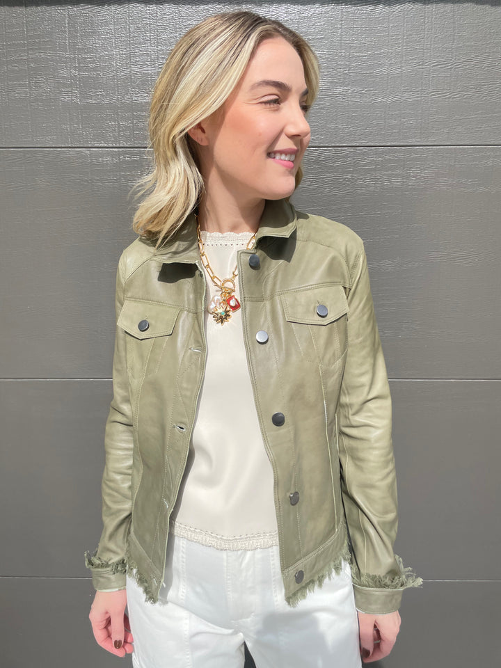 Jakett Alexa Patina Leather Jacket in Army with Melissa Nepton Cream Cece Vegan Leather Sleeveless Top underneath, paired with Citizens of Humanity Marcelle Low Slung Easy Cargo Pants in Pashmina, Lizzie Fortunato Helios Charm Necklace available at Barbara Katz