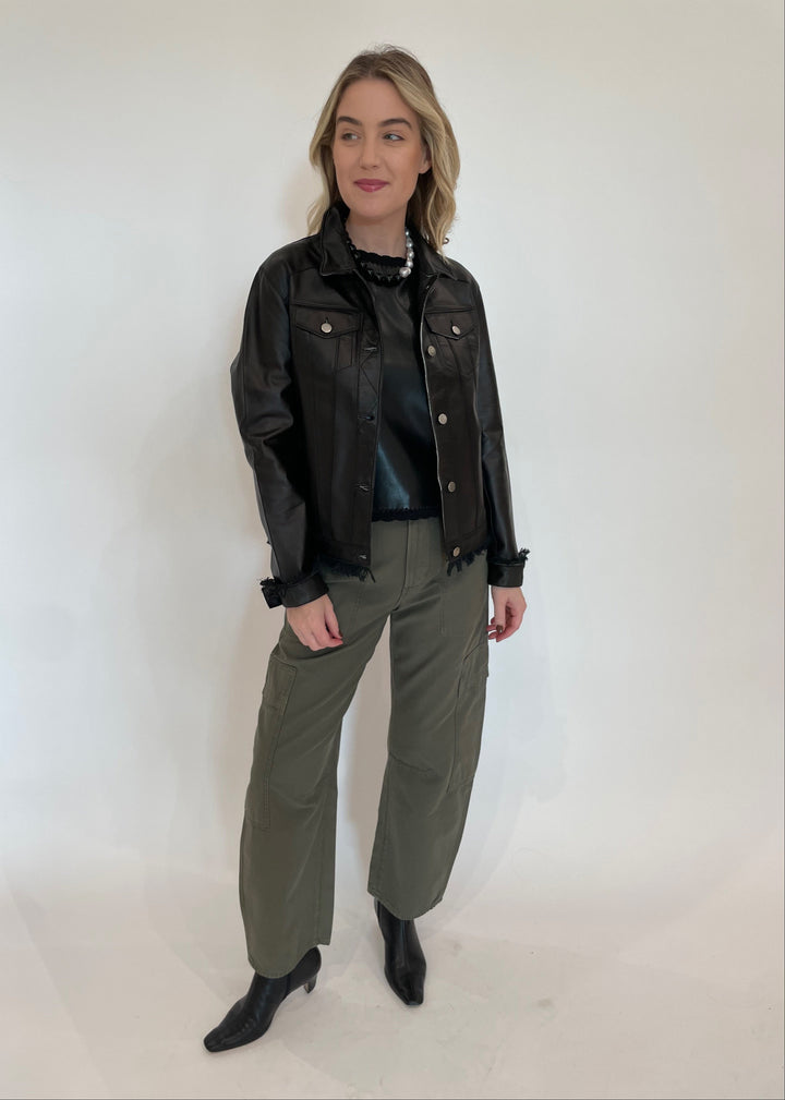 Jakett Alexa Patina Leather Jacket in Black with Melissa Nepton Cece Vegan Leather Sleeveless Top underneath, paired with Citizens of Humanity Marcelle Low Slung Easy Cargo Pants in Dogwood, Lizzie Fortunato Midnight Sky Collar Necklace available at Barbara Katz