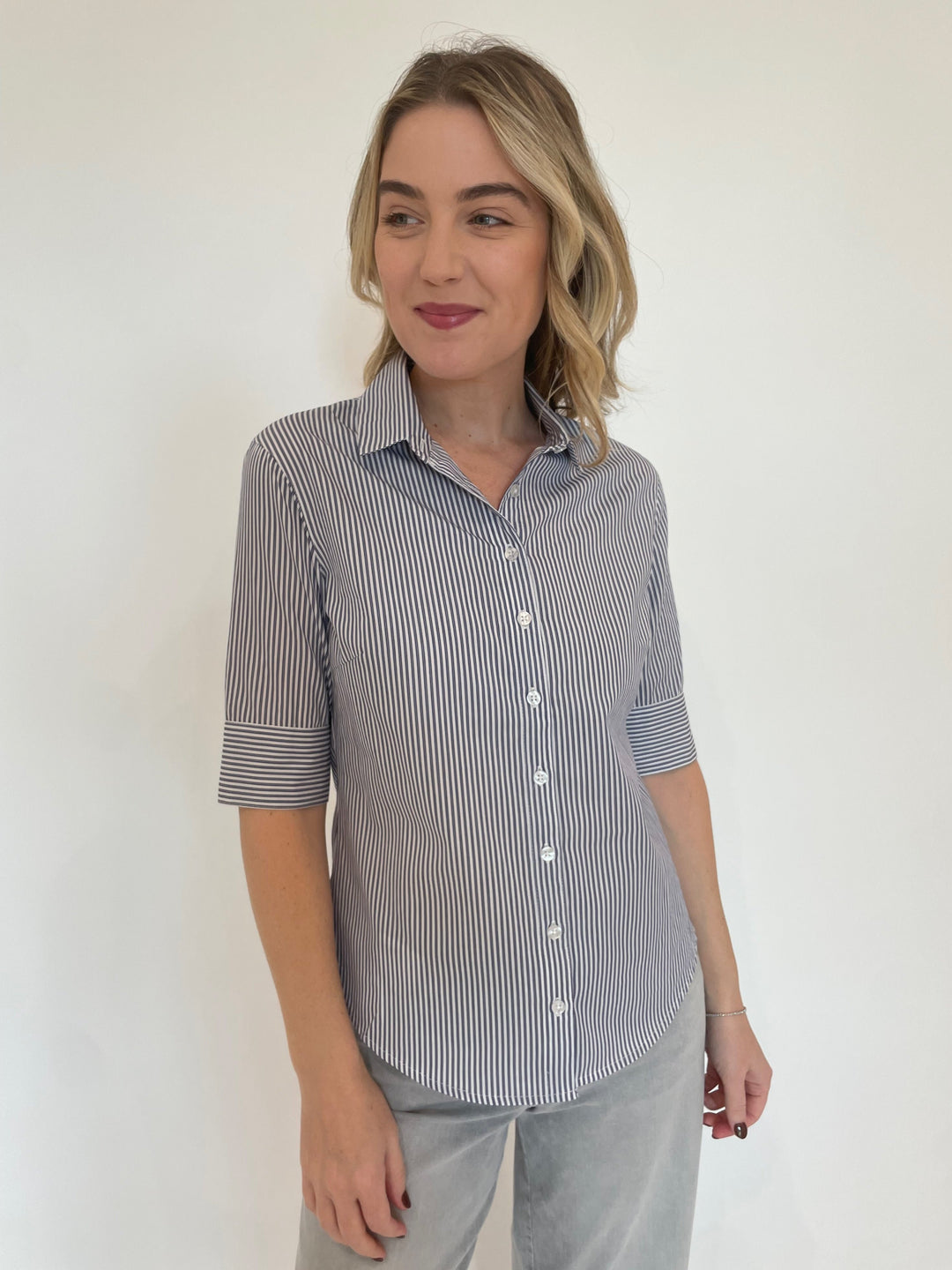 BK Salty Short Sleeve Stripe Button Down Shirt in Navy available at Barbara Katz