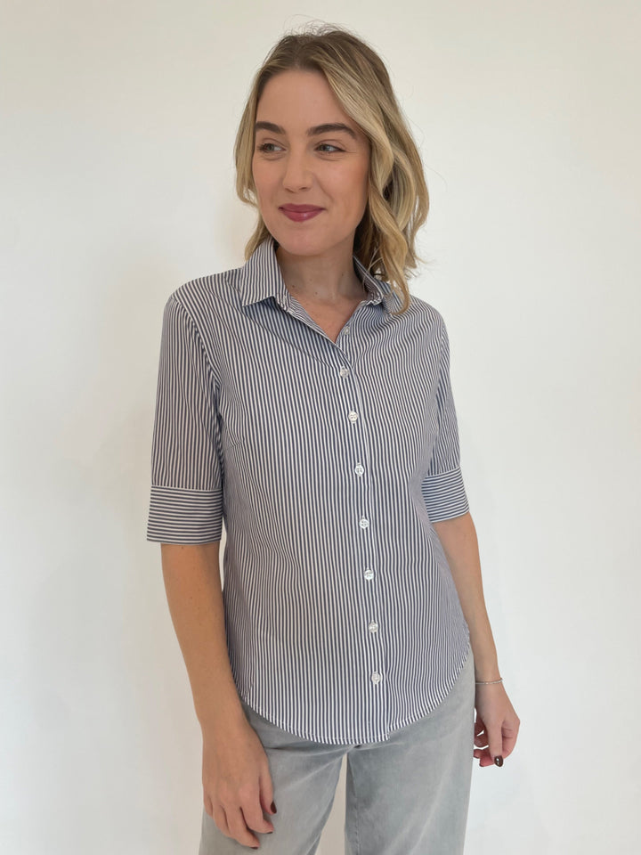 BK Salty Short Sleeve Stripe Button Down Shirt in Navy available at Barbara Katz