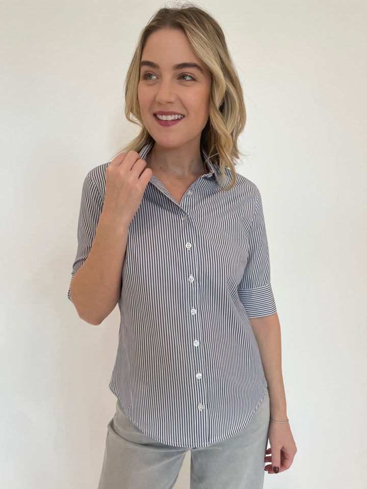 BK Salty Short Sleeve Stripe Button Down Shirt in Navy available at Barbara Katz