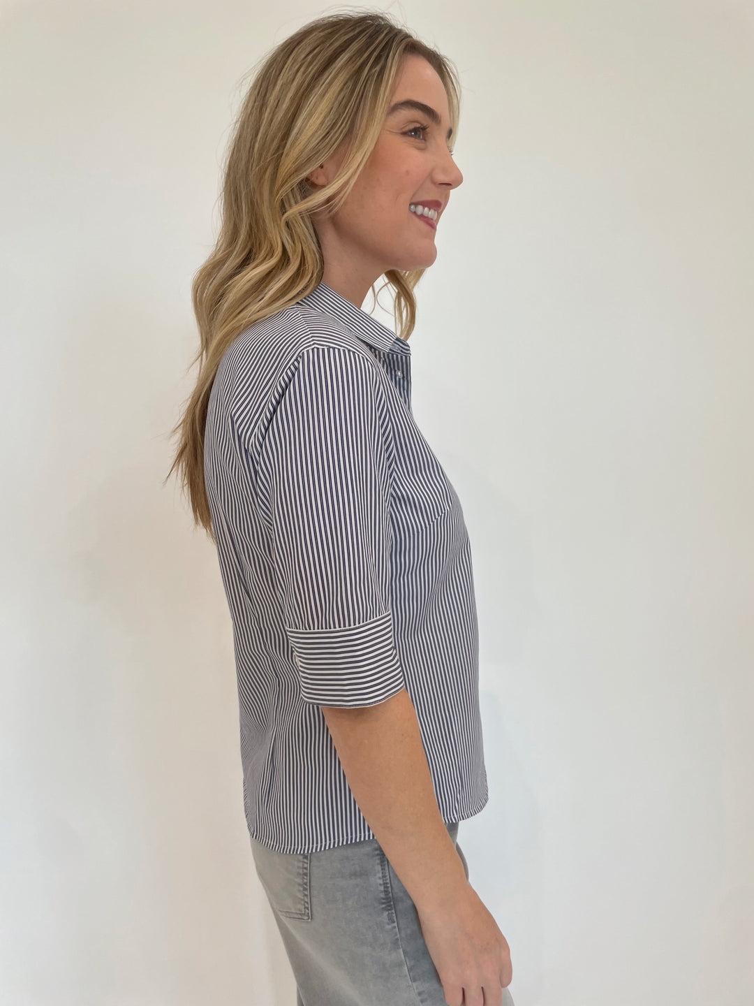 BK Salty Short Sleeve Stripe Button Down Shirt in Navy available at Barbara Katz