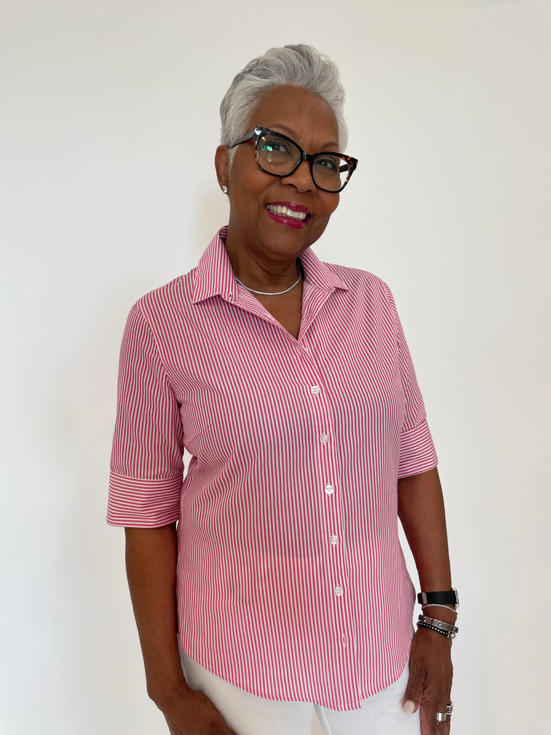 BK Salty Short Sleeve Stripe Button Down Shirt in Pink available at Barbara Katz