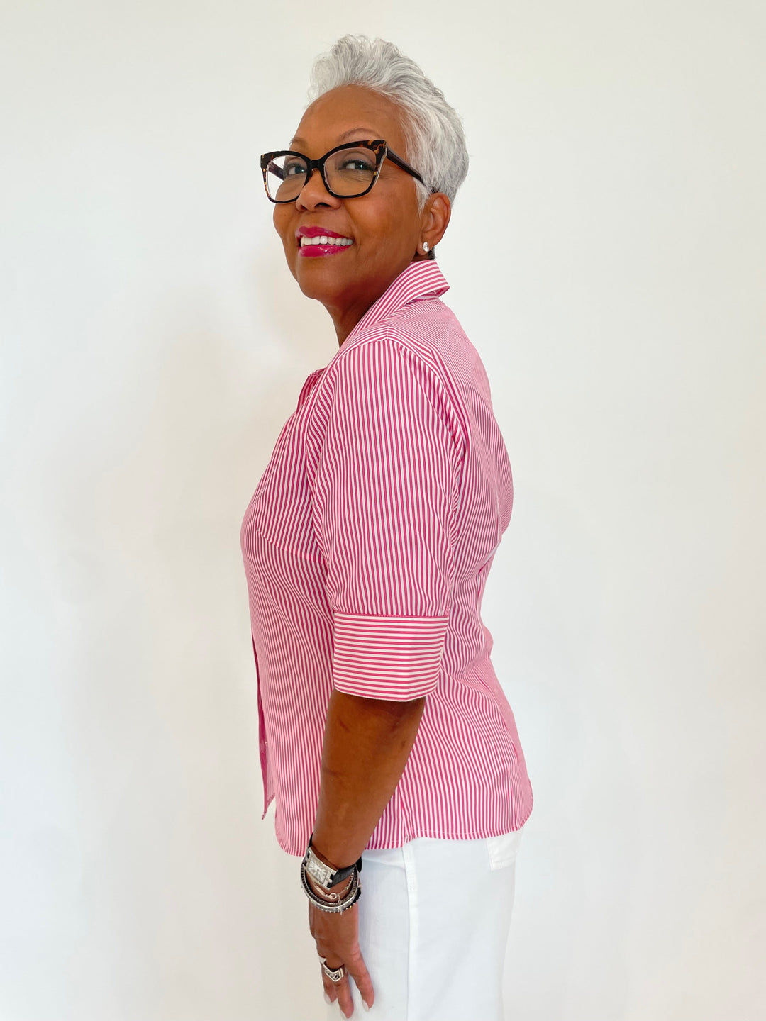 BK Salty Short Sleeve Stripe Button Down Shirt in Pink available at Barbara Katz