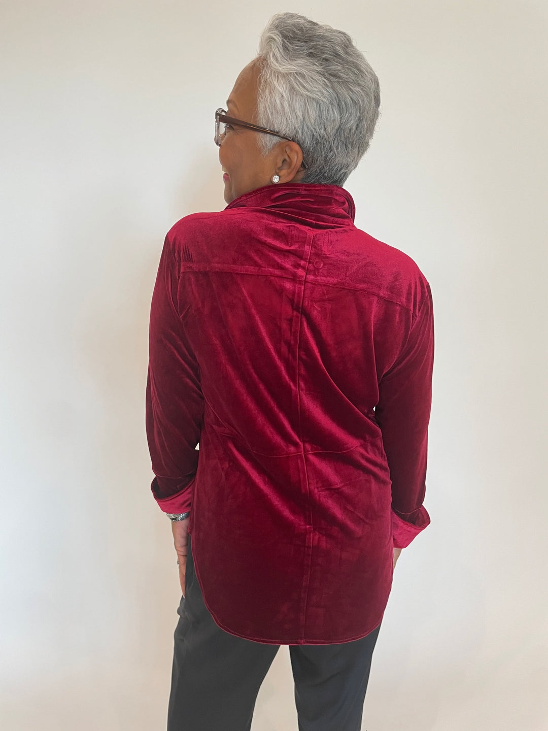 BK Nina Velvet Button-Up Shirt in Deep Red available at Barbara Katz