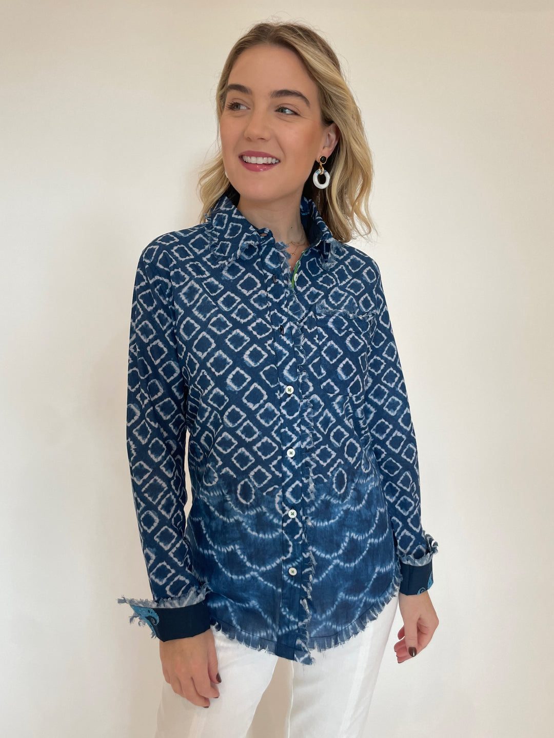 Dizzy-Lizzie Cape Cod Frayed Shirt in Navy White Ikat Print with Lizzie Fortunato Madeira Glass Earrings in Mist available at Barbara Katz