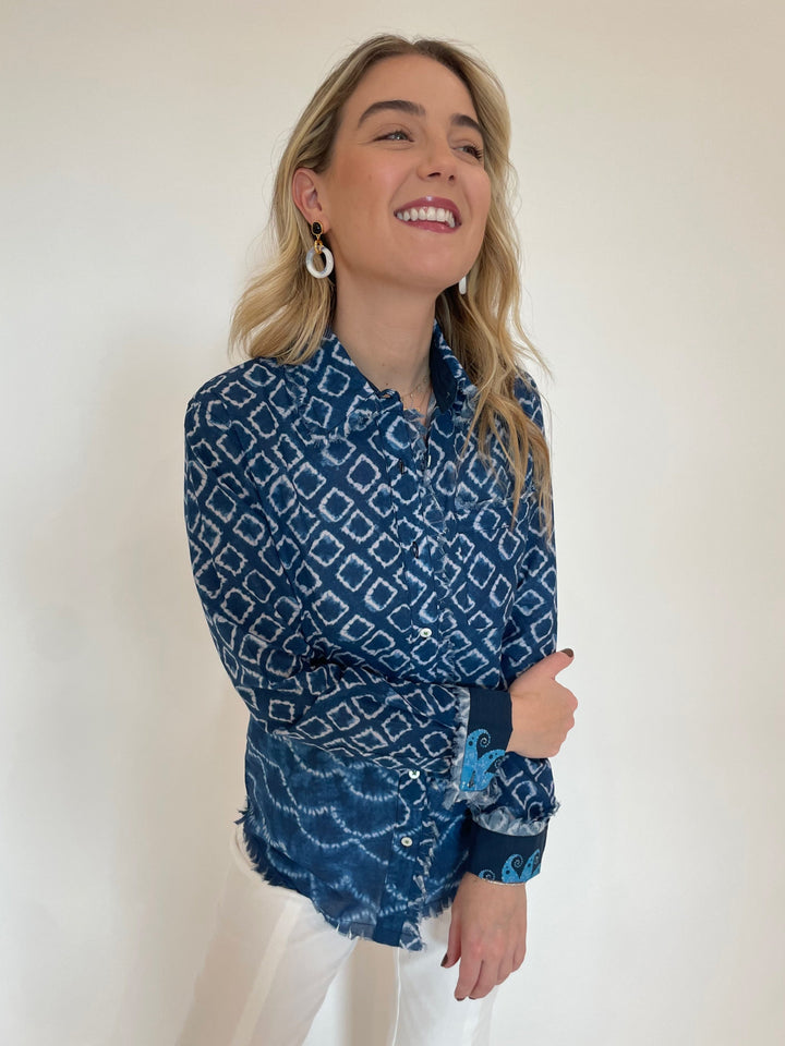 Dizzy-Lizzie Cape Cod Frayed Shirt in Navy White Ikat Print with Lizzie Fortunato Madeira Glass Earrings in Mist available at Barbara Katz