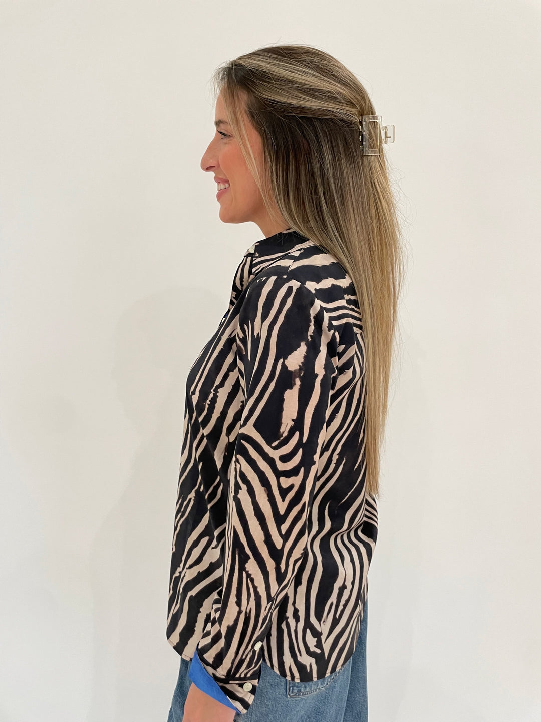 Hinson Wu Margot Long Sleeve Zebra Print Shirt in Black Combo available at Barbara Katz