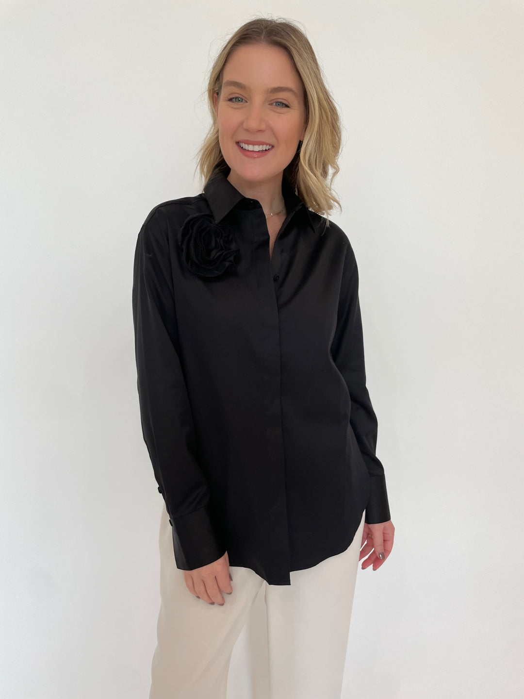 Hinson Wu Halsey Long Sleeve Shirt With Rosette in Black available at Barbara Katz