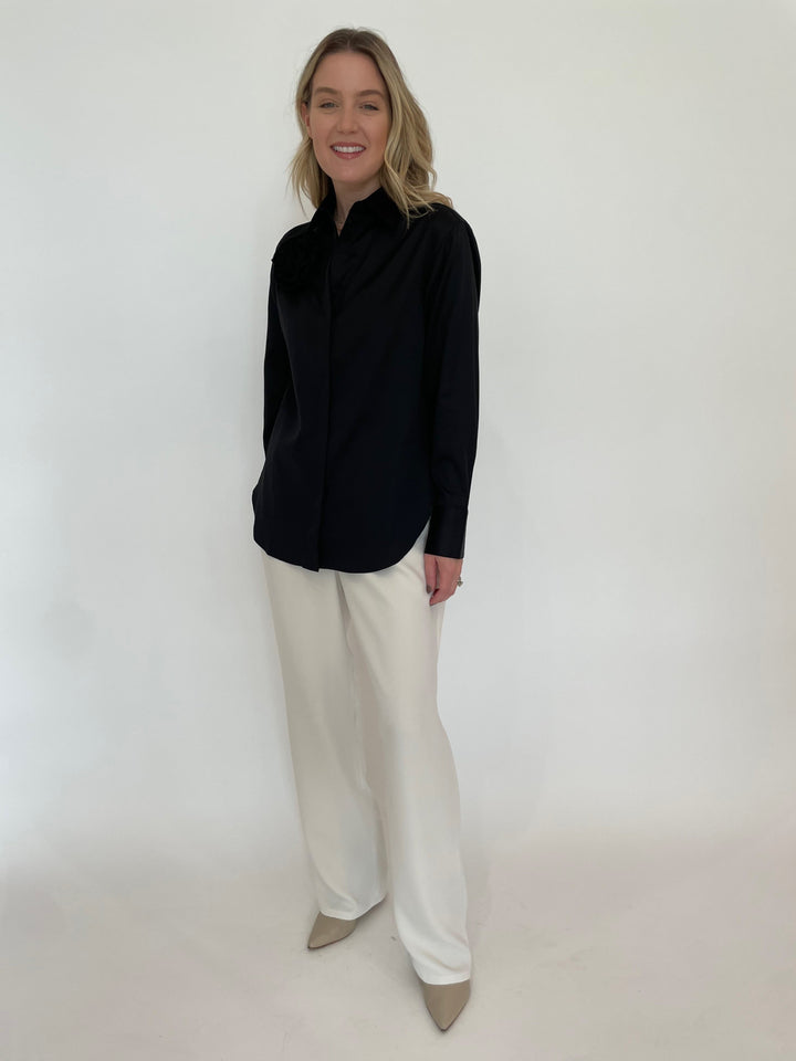 Hinson Wu Halsey Long Sleeve Shirt With Rosette in Black paired with Peace of Cloth Jules Paramount Knit Trouser in Oyster available at Barbara Katz