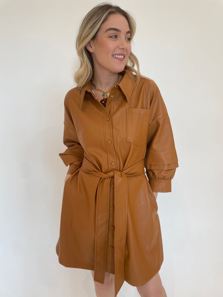 BK Sierra Vegan Leather Belted Dress in Burnt Orange available at Barbara Katz