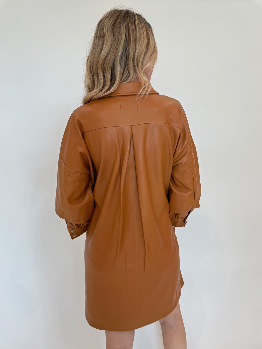 BK Sierra Vegan Leather Shirt Dress in Burnt Orange available at Barbara Katz