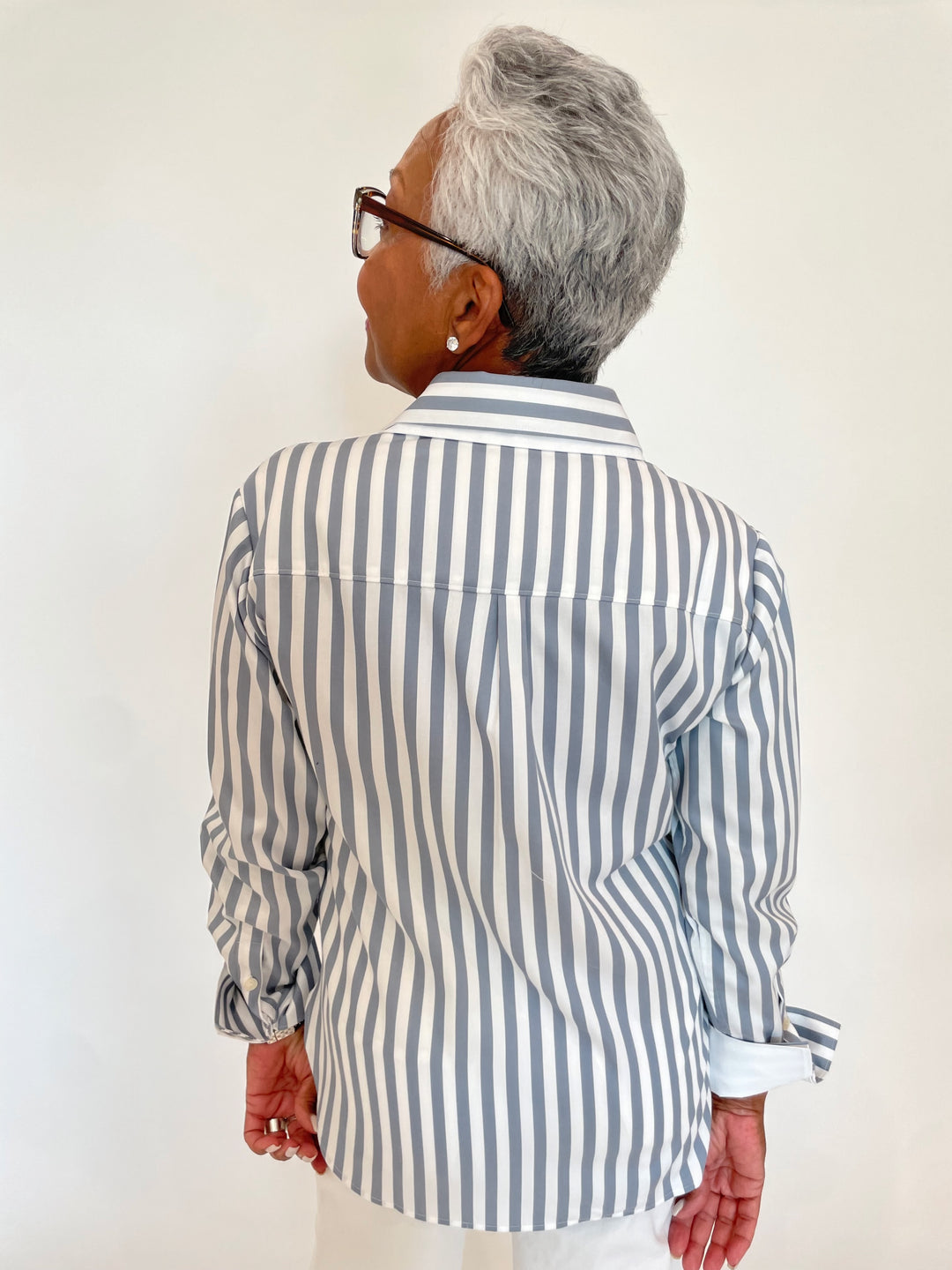 Hinson Wu Margot Long Sleeve Stripe Shirt in French Grey/White available at Barbara Katz