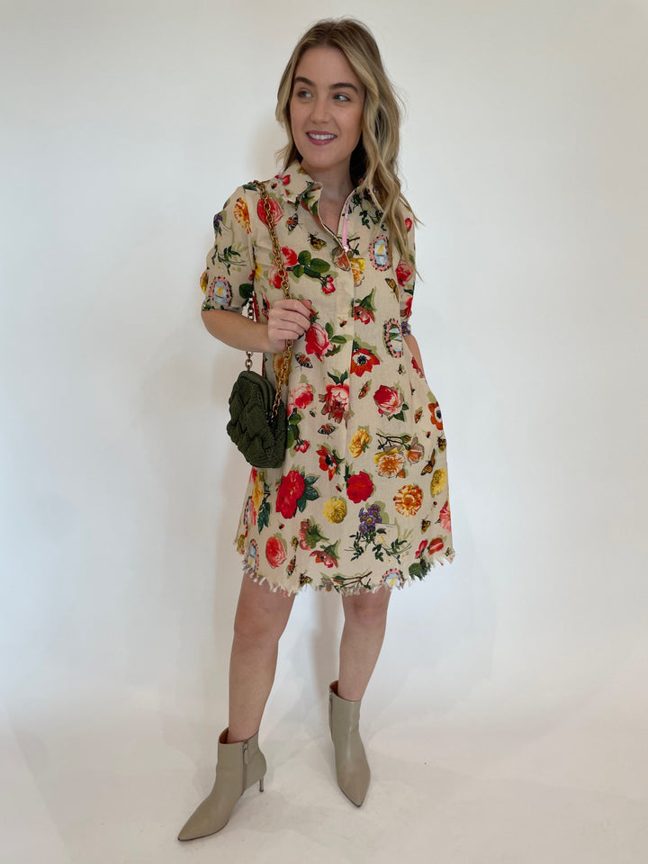 Dizzy-Lizzie Chatham Shirt Dress in Botanical Print with Noam Hazan Jade Bag in Black available at Barbara Katz