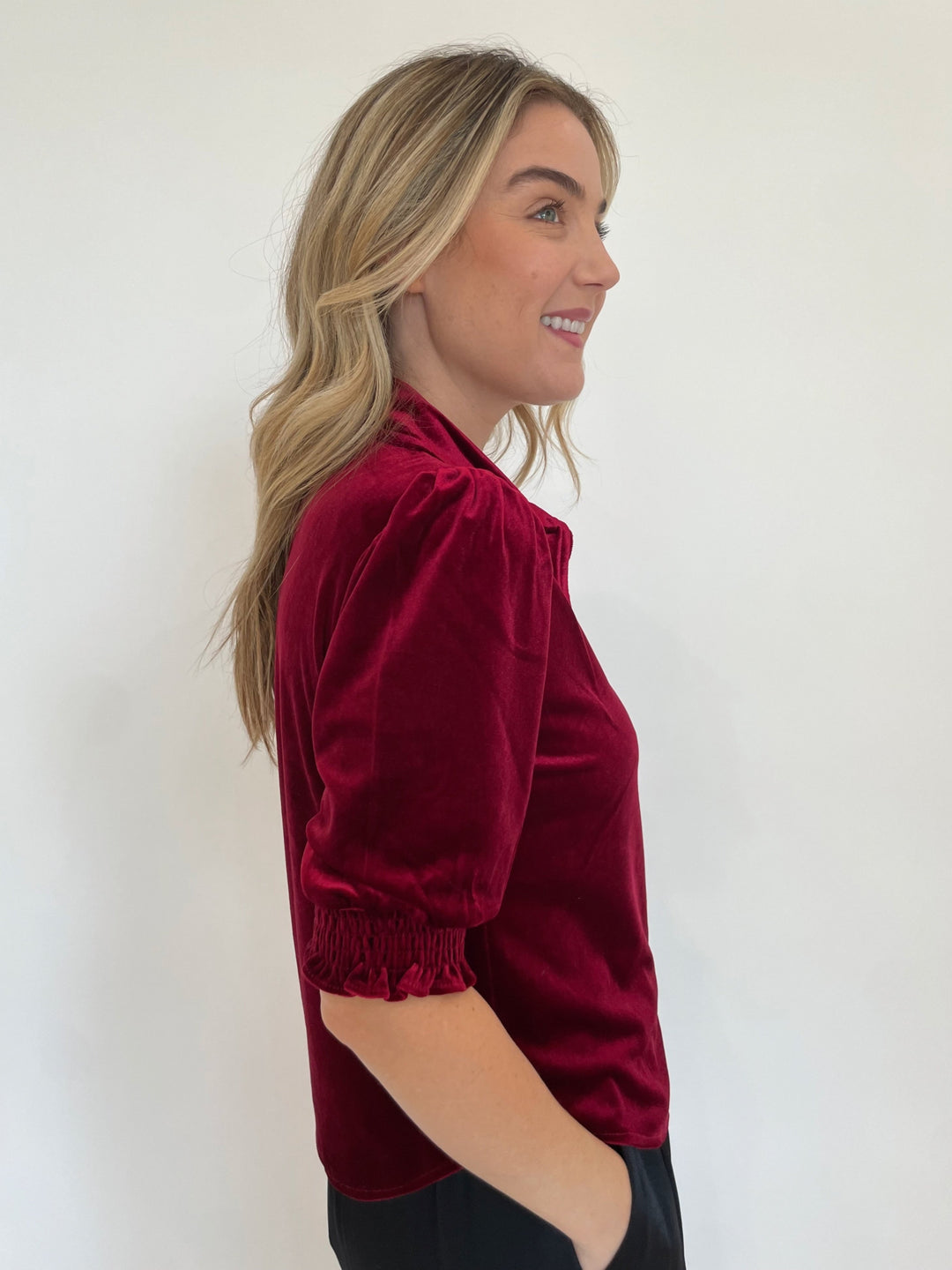 BK Mina Velvet Short Puff Sleeve Shirt in Deep Red available at Barbara Katz