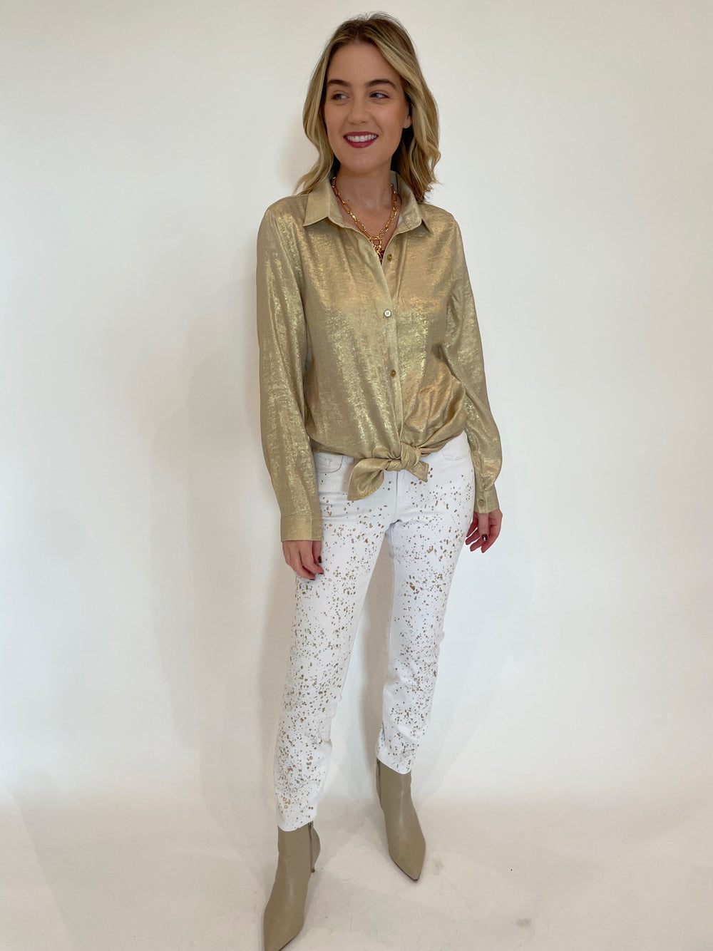 BK Connie Shirt in Gold paired with BK Jackie Spotted Denim Jeans in White available at Barbara Katz