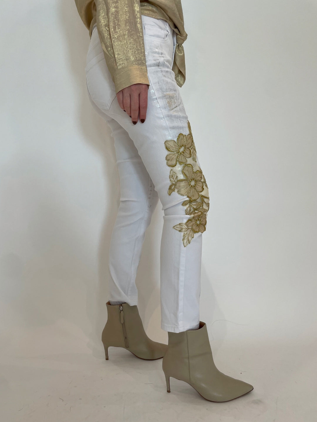 BK Toutsie Gold Flower Denim Pants in White/Gold available at Barbara Katz