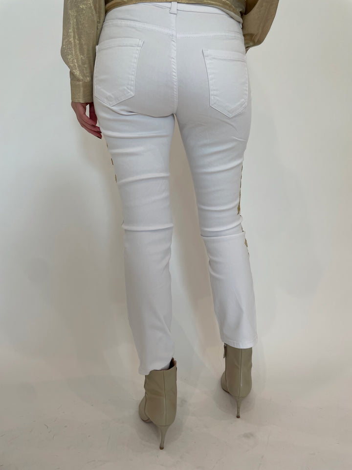 BK Toutsie Gold Flower Jeans in White/Gold available at Barbara Katz