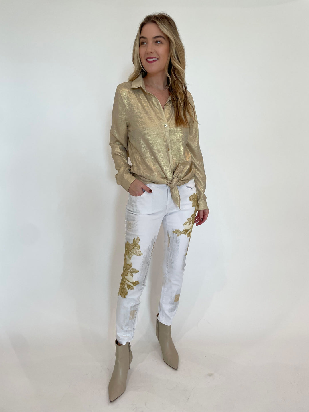 BK Connie Long Sleeve Shirt in Gold paired with BK Toutsie Gold Flower Denim Jeans in White/Gold available at Barbara Katz