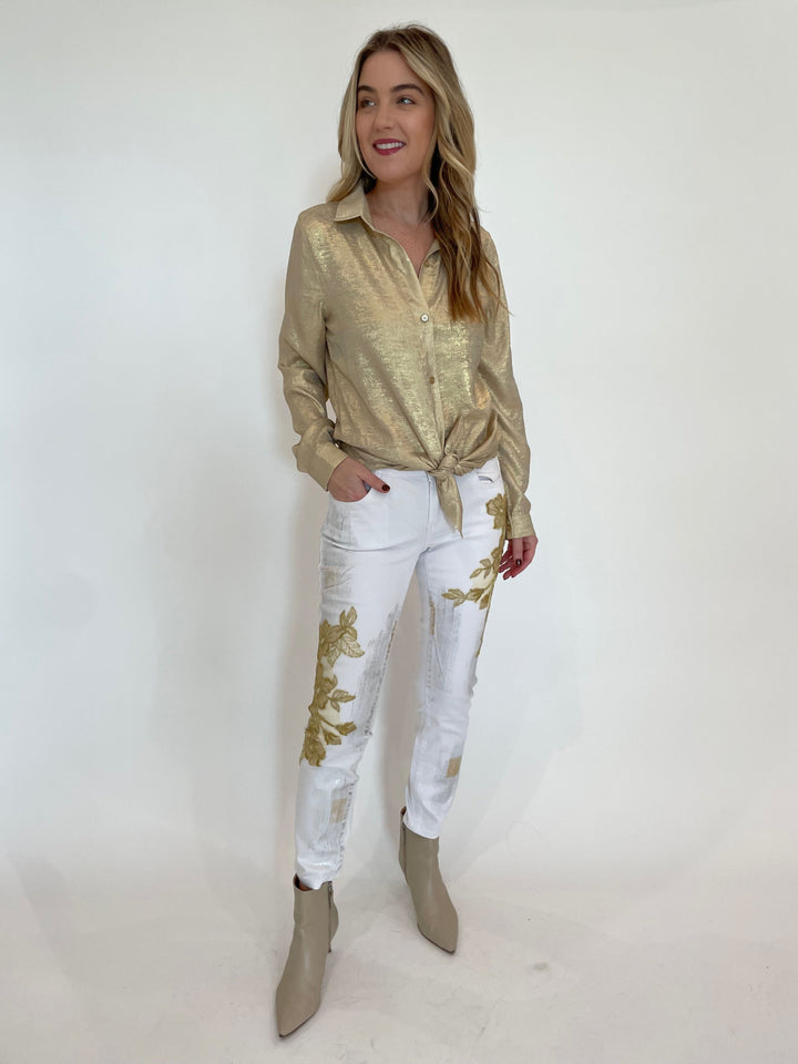 BK Connie Long Sleeve Shirt in Gold paired with BK Toutsie Gold Flower Denim Jeans in White/Gold available at Barbara Katz