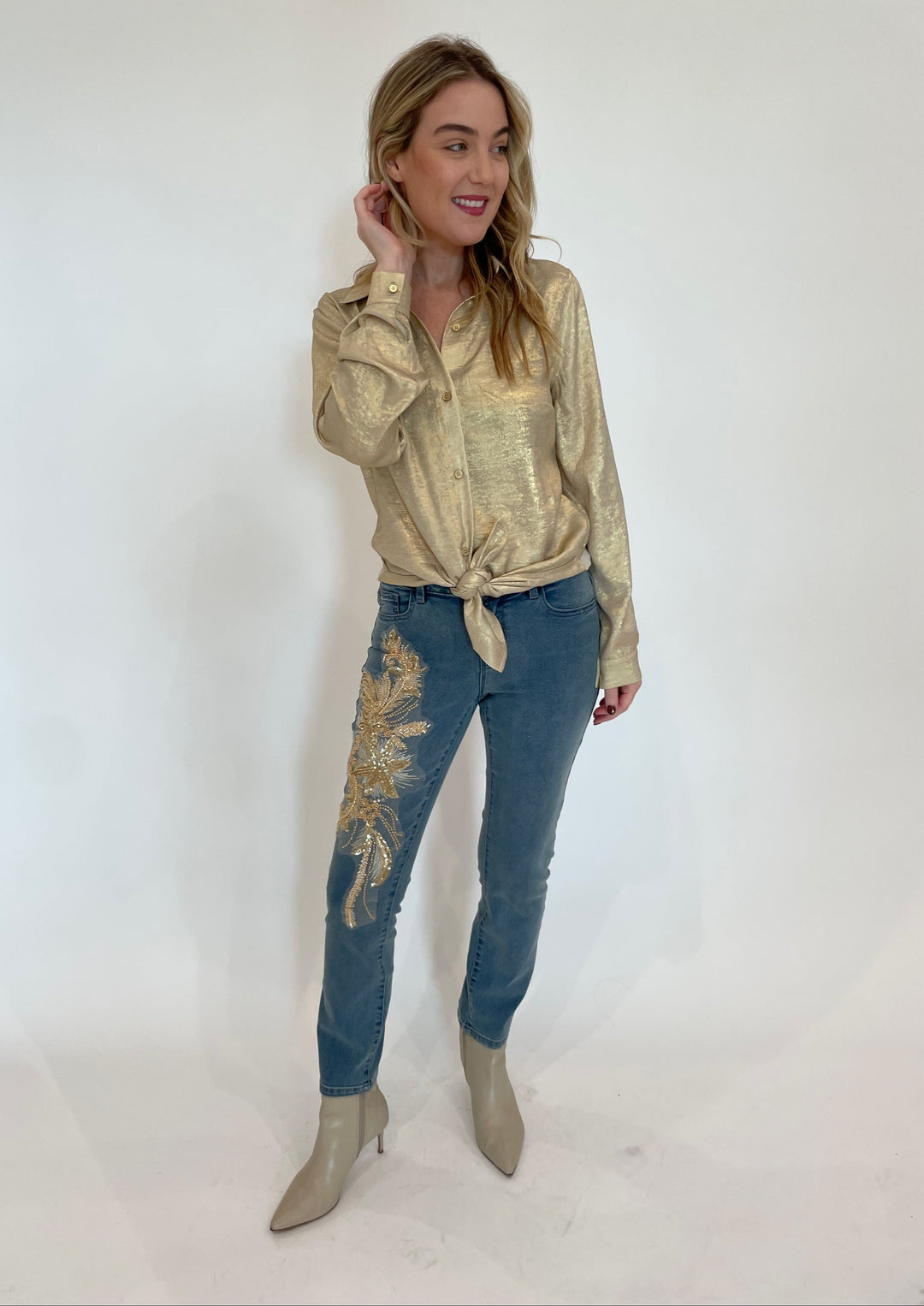 BK Connie Long Sleeve Shirt in Gold paired with BK Lilly Sequin Flowers Jeans available at Barbara Katz